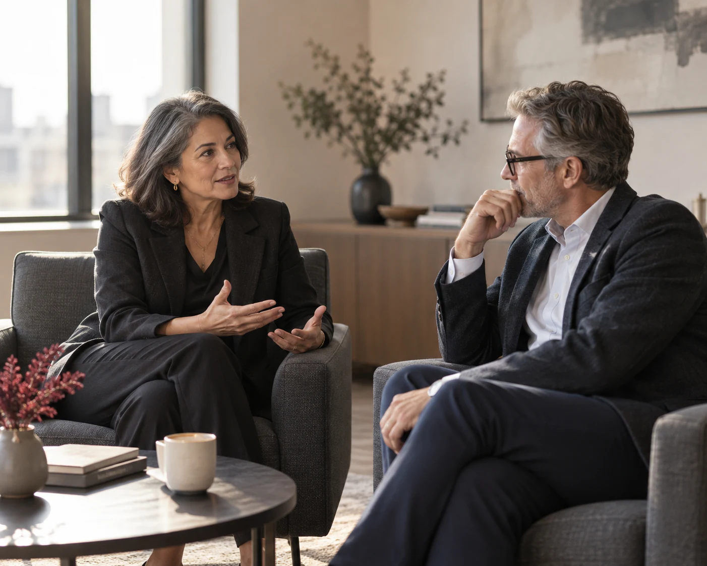 A senior leadership coach listening to an executive in a private session